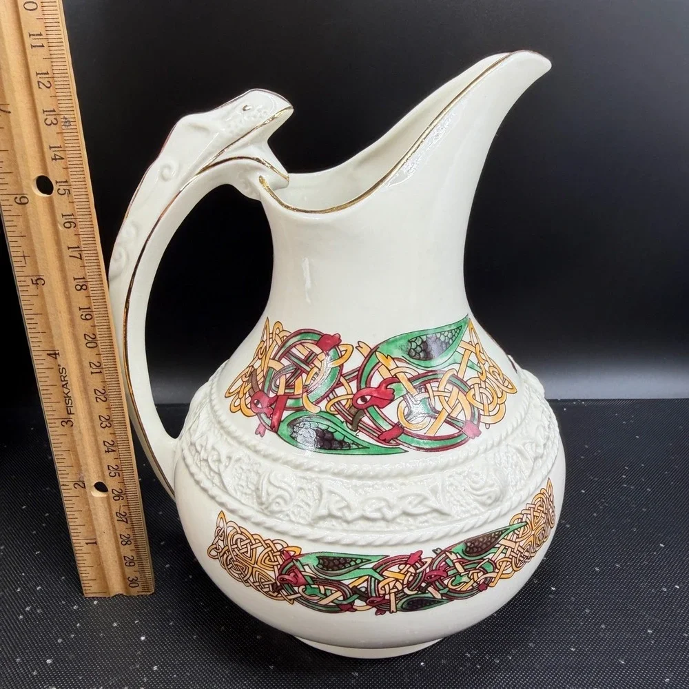 Cre Irish Porcelain Celtic Pitcher Galway Ireland Serpent Handle Gold Trim 7in‎